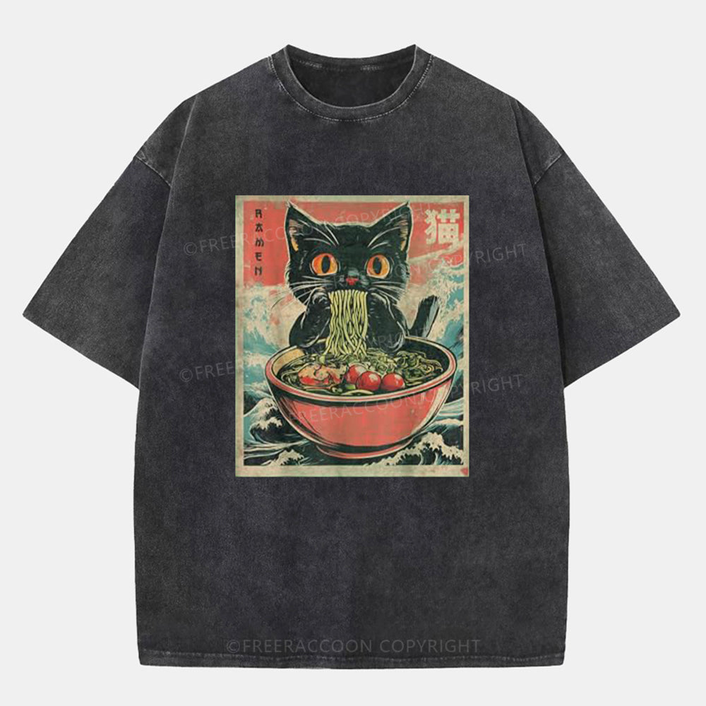 Vintage Cat Ramen Washed T-ShirtT-Shirt,Washed TS,2502M,Siena,250225,Fat,Food,Japan,Animal,Cat,Ramen