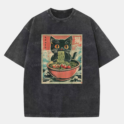 Vintage Cat Ramen Washed T-ShirtT-Shirt,Washed TS,2502M,Siena,250225,Fat,Food,Japan,Animal,Cat,Ramen