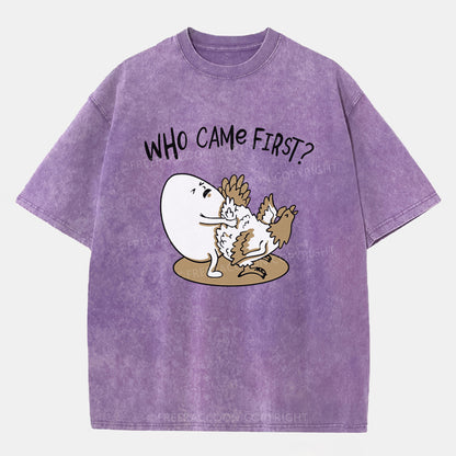 Vintage Who Came First Chicken Or Egg Washed T-Shirt