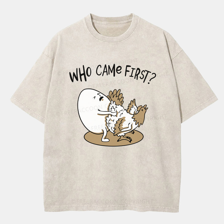 Vintage Who Came First Chicken Or Egg Washed T-ShirtT-Shirt,Washed TS,2502M,Siena,250225,Humor,Animal,Egg