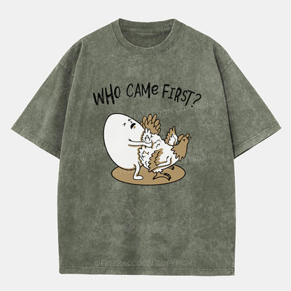 Vintage Who Came First Chicken Or Egg Washed T-Shirt