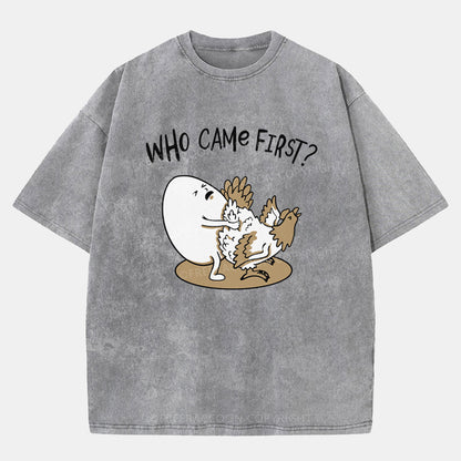 Vintage Who Came First Chicken Or Egg Washed T-Shirt