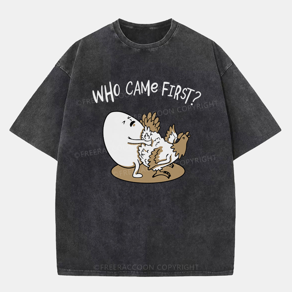 Vintage Who Came First Chicken Or Egg Washed T-Shirt