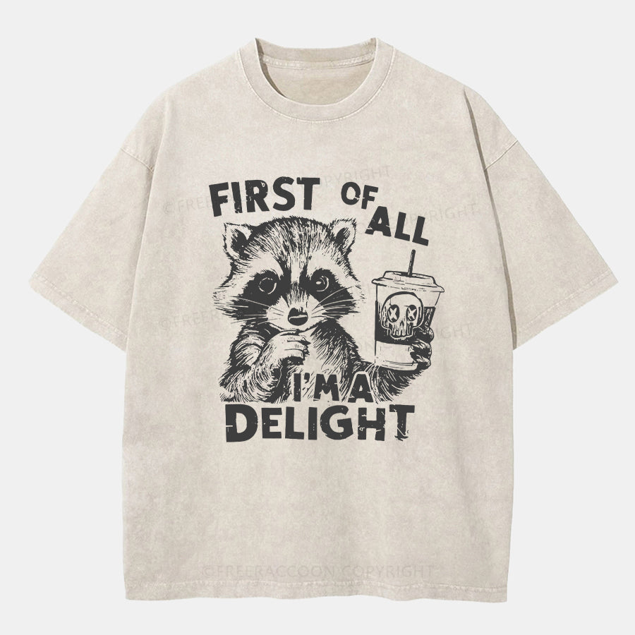 Vintage First Of All I Am Delight Washed T-ShirtT-Shirt,Washed TS,2502M,Siena,250225,Humor,Animal,Raccoon,Confidence