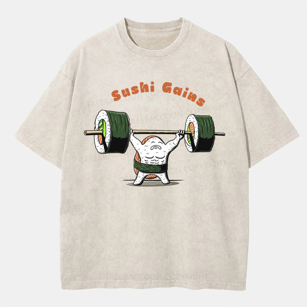 Vintage Sushi Gains Washed T-ShirtT-Shirt,Washed TS,2502M,Siena,250225,Food,Sushi,Japan,Fitness,Puns