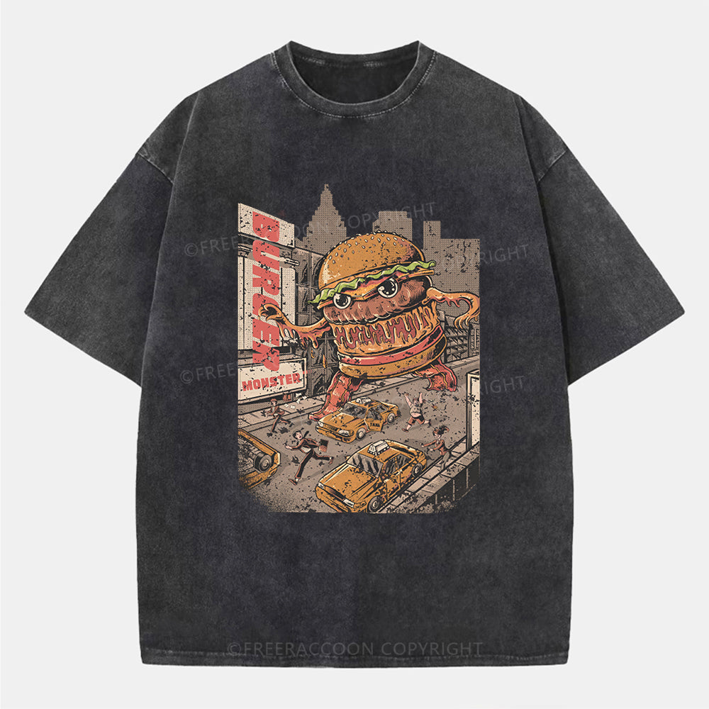 Vintage Burger Monster Washed T-ShirtT-Shirt,Washed TS,2502M,Siena,250225,Humor,Fat,Hamburger,Food