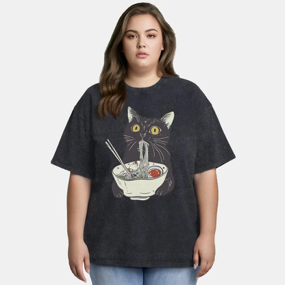 Vintage Funny Cat Eating Noodles Washed T-Shirt