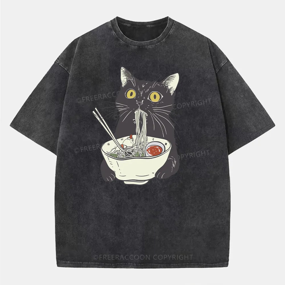 Vintage Funny Cat Eating Noodles Washed T-Shirt