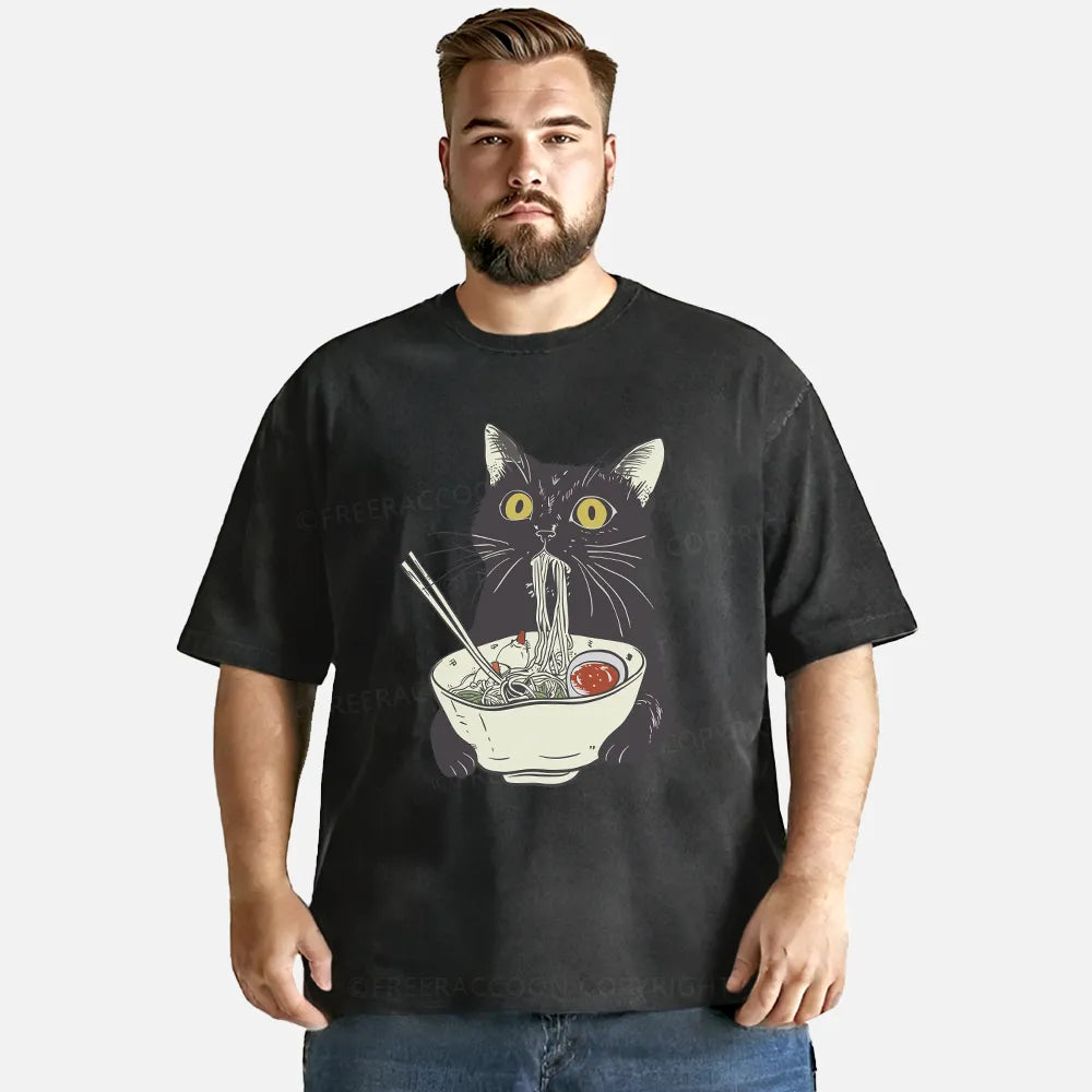 Vintage Funny Cat Eating Noodles Washed T-Shirt