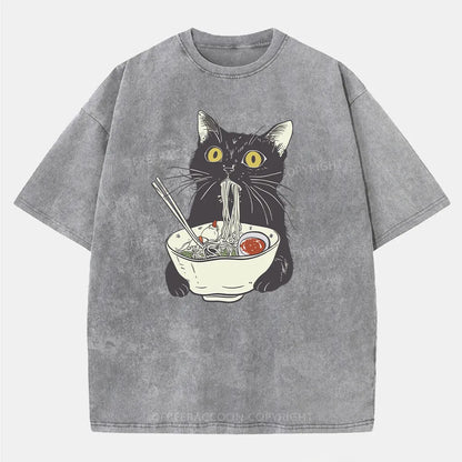 Vintage Funny Cat Eating Noodles Washed T-Shirt