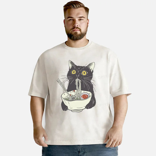 Vintage Funny Cat Eating Noodles Washed T-Shirt