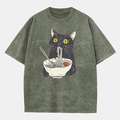 Vintage Funny Cat Eating Noodles Washed T-Shirt