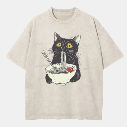 Vintage Funny Cat Eating Noodles Washed T-Shirt