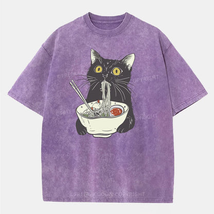 Vintage Funny Cat Eating Noodles Washed T-Shirt