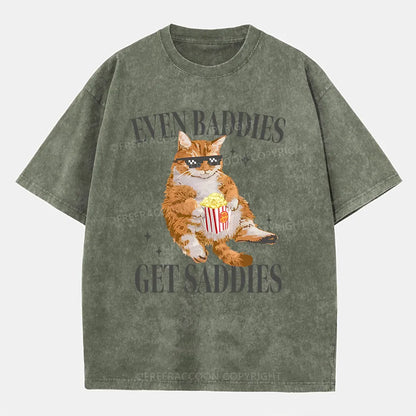 Vintage Cat Even Baddies Get Saddies Washed T-Shirt