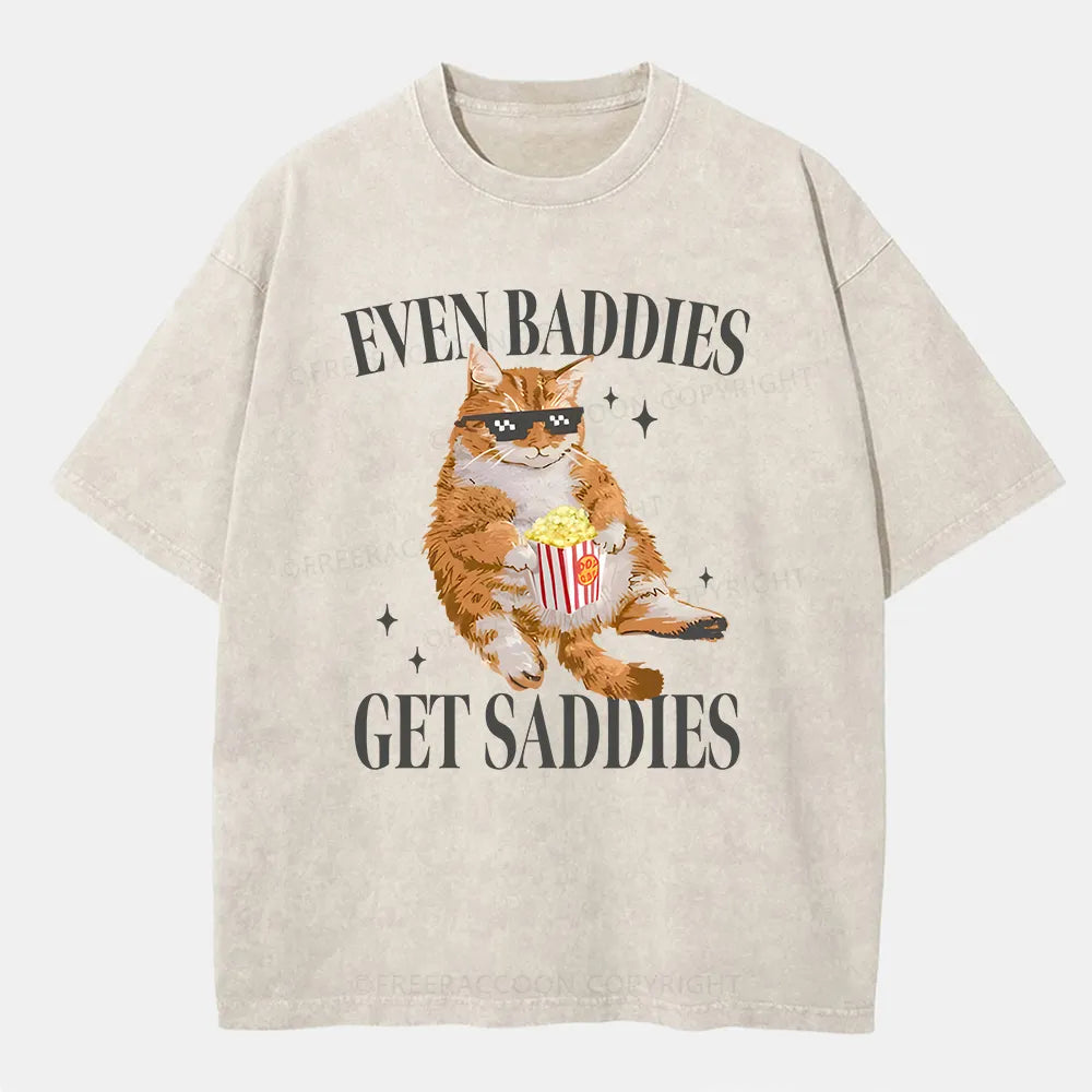 Vintage Cat Even Baddies Get Saddies Washed T-Shirt