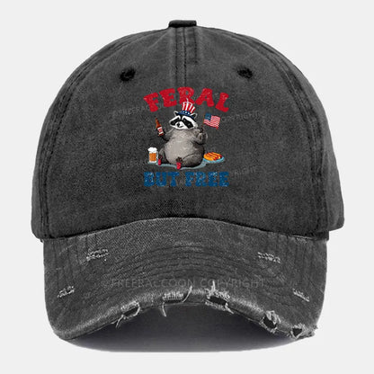 Vintage Funny Raccoon 4Th Of July Feral But Free Ripped Washed Cap