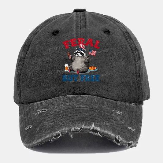 Vintage Funny Raccoon 4Th Of July Feral But Free Ripped Washed Cap