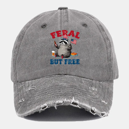 Vintage Funny Raccoon 4Th Of July Feral But Free Ripped Washed Cap