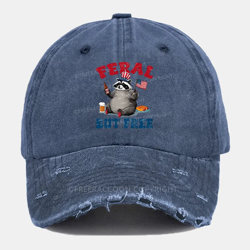 Vintage Funny Raccoon 4Th Of July Feral But Free Ripped Washed Cap