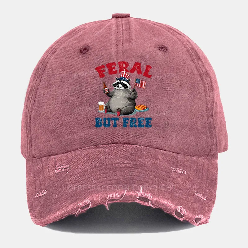 Vintage Funny Raccoon 4Th Of July Feral But Free Ripped Washed Cap