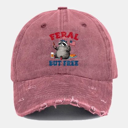 Vintage Funny Raccoon 4Th Of July Feral But Free Ripped Washed Cap