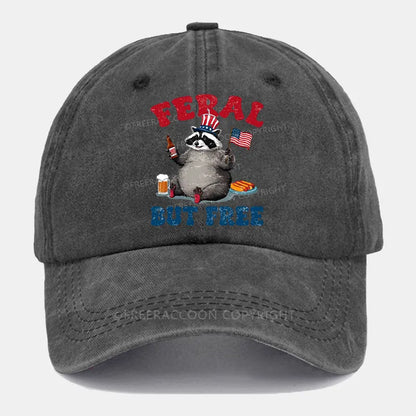 Vintage Funny Raccoon 4Th Of July Feral But Free Washed Cap