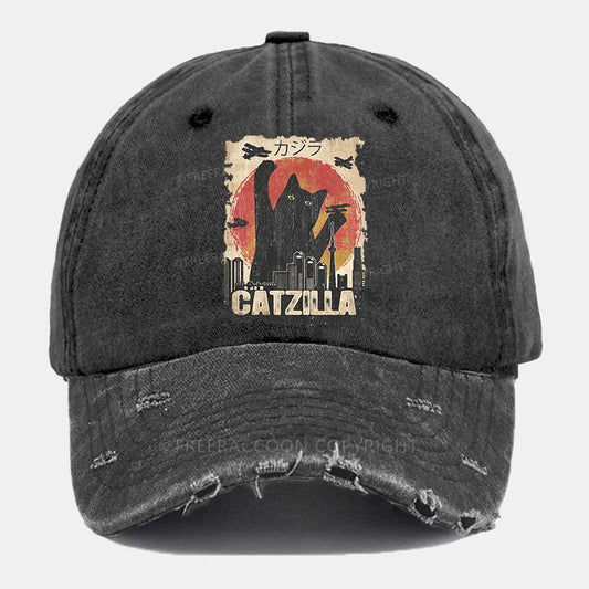 Vintage Catzilla Funny Black Cat Ripped Washed Cap