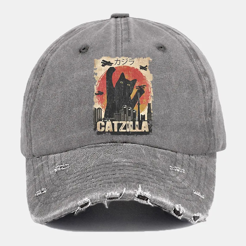 Vintage Catzilla Funny Black Cat Ripped Washed Cap