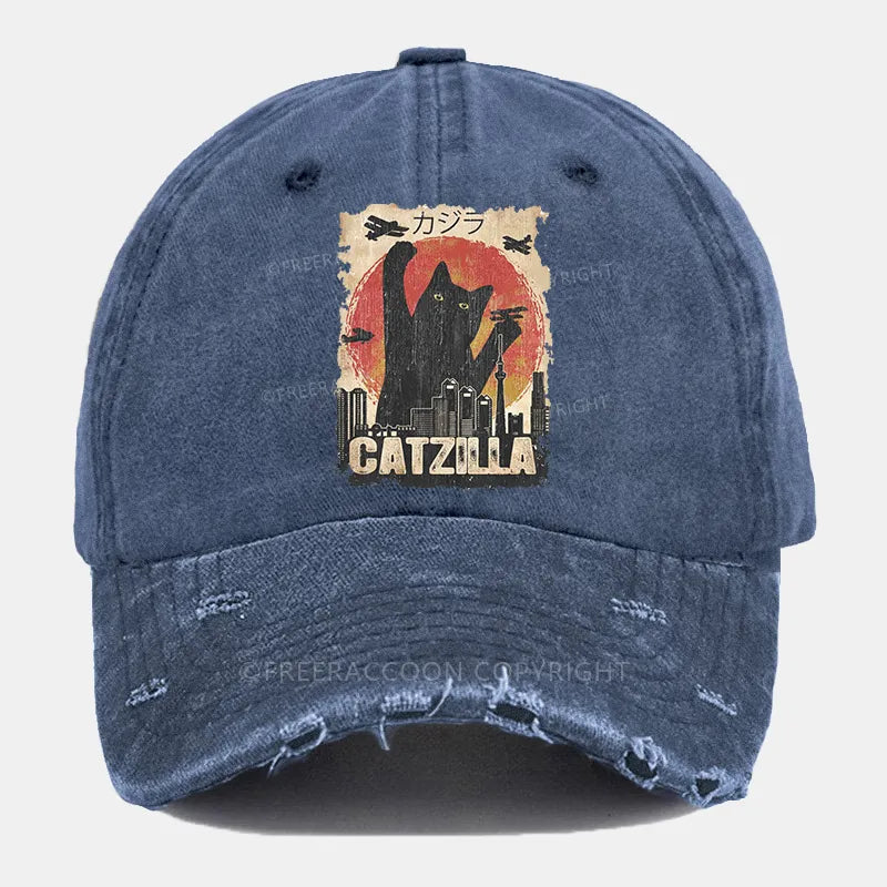 Vintage Catzilla Funny Black Cat Ripped Washed Cap