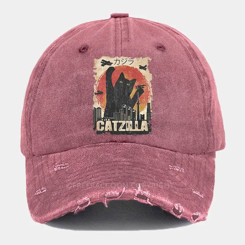 Vintage Catzilla Funny Black Cat Ripped Washed Cap