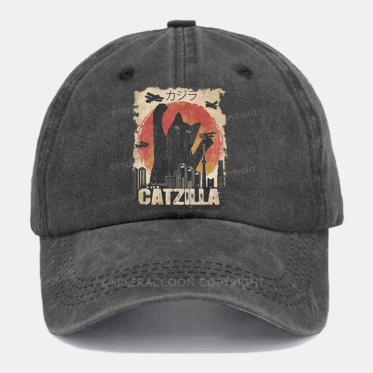 Vintage Catzilla Funny Black Cat Washed Cap