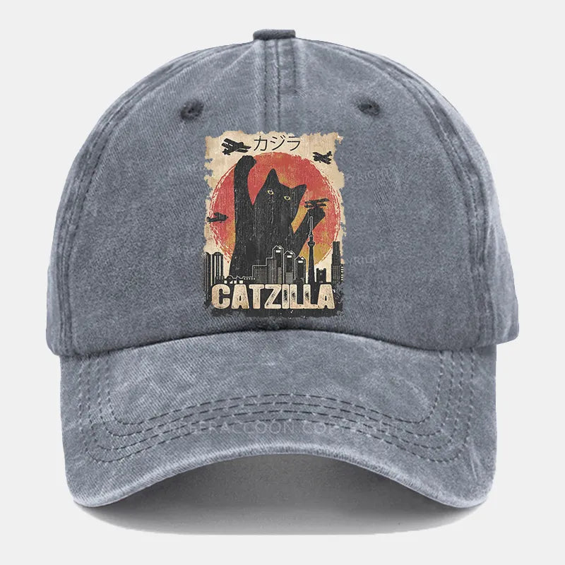 Vintage Catzilla Funny Black Cat Washed Cap