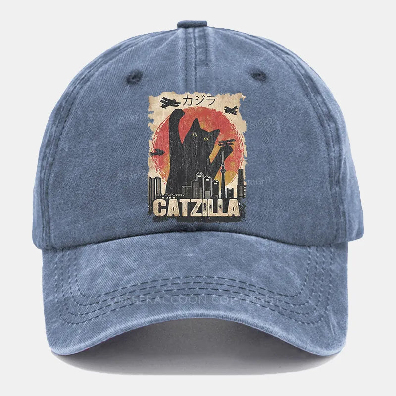 Vintage Catzilla Funny Black Cat Washed Cap