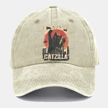 Vintage Catzilla Funny Black Cat Washed Cap