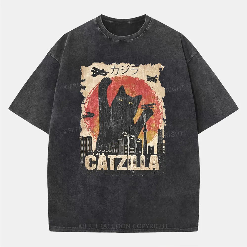 Vintage Catzilla Funny Black Cat Washed T-Shirt