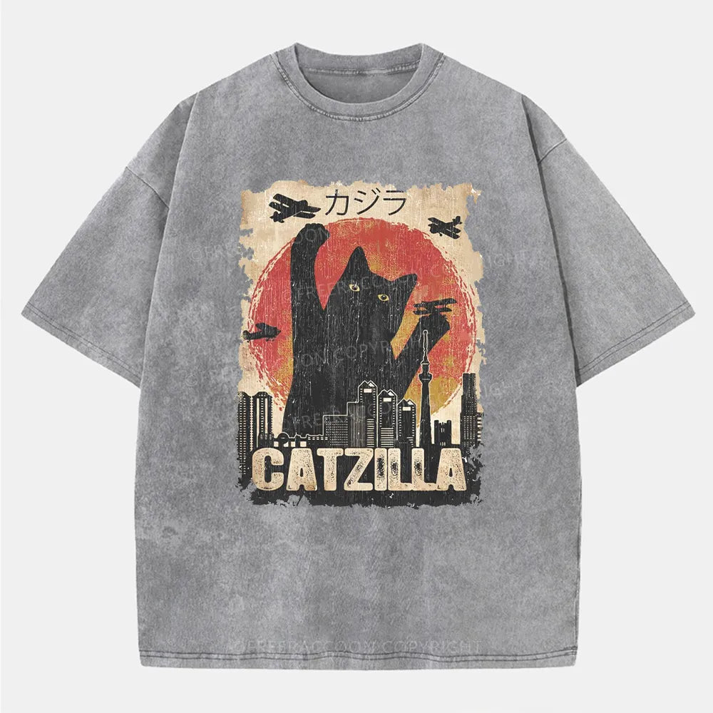 Vintage Catzilla Funny Black Cat Washed T-Shirt