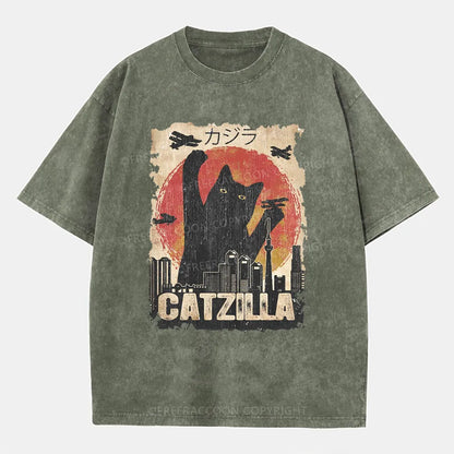 Vintage Catzilla Funny Black Cat Washed T-Shirt