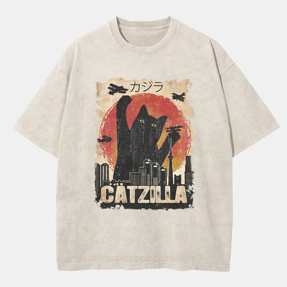 Vintage Catzilla Funny Black Cat Washed T-Shirt