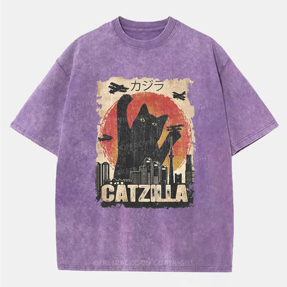 Vintage Catzilla Funny Black Cat Washed T-Shirt