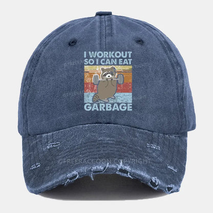 Vintage Raccoon I Workout So I Can Eat Garbage Ripped Washed Cap