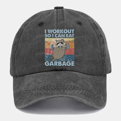 Vintage Raccoon I Workout So I Can Eat Garbage Washed Cap