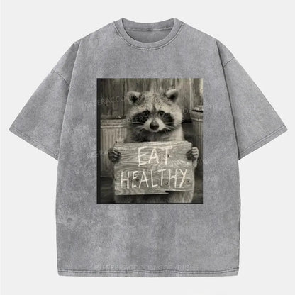 Vintage Trash Raccoon Eat Healthy Washed T-Shirt