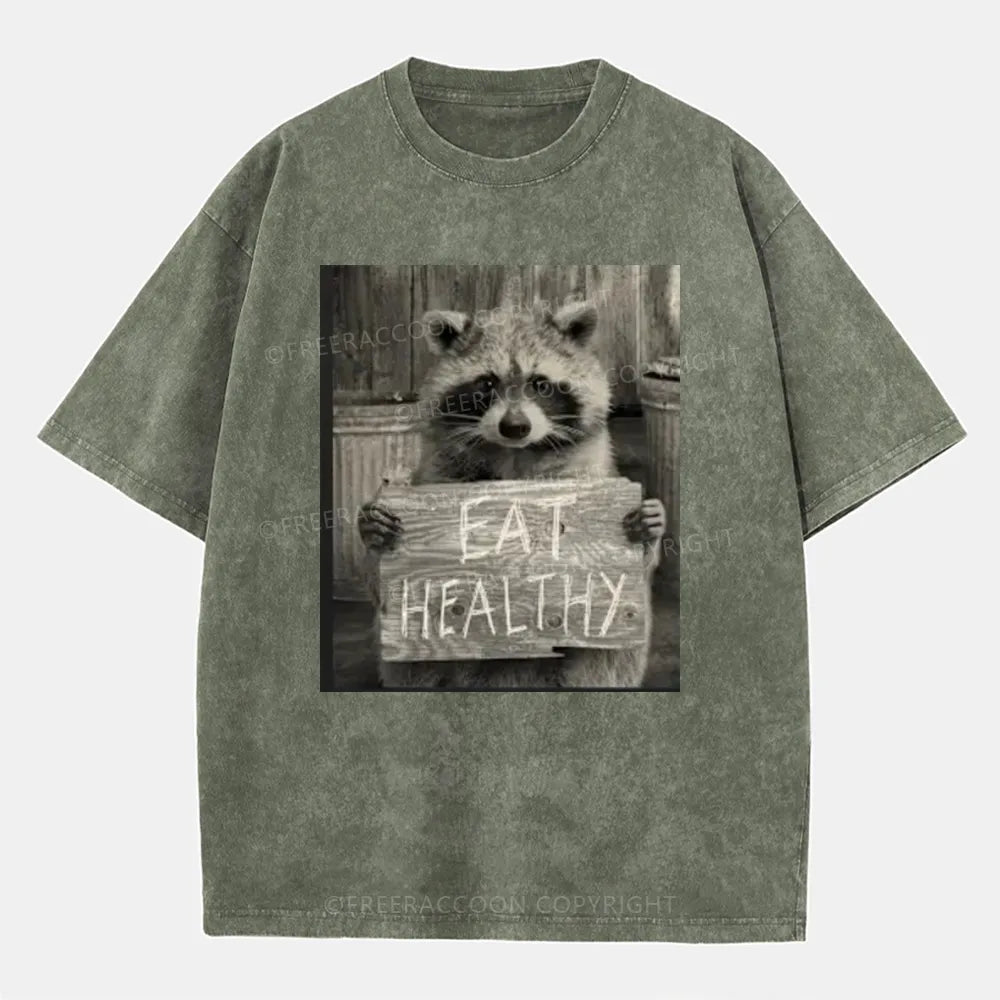 Vintage Trash Raccoon Eat Healthy Washed T-Shirt