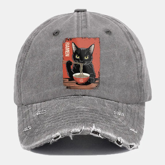 Vintage Ramen Cat Ripped Washed Cap