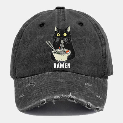 Vintage Ramen Cat'S Delicious Moment Ripped Washed Cap