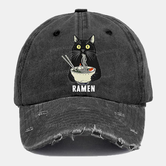 Vintage Ramen Cat'S Delicious Moment Ripped Washed Cap