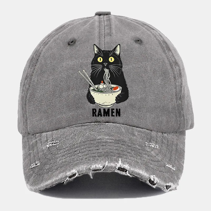 Vintage Ramen Cat'S Delicious Moment Ripped Washed Cap