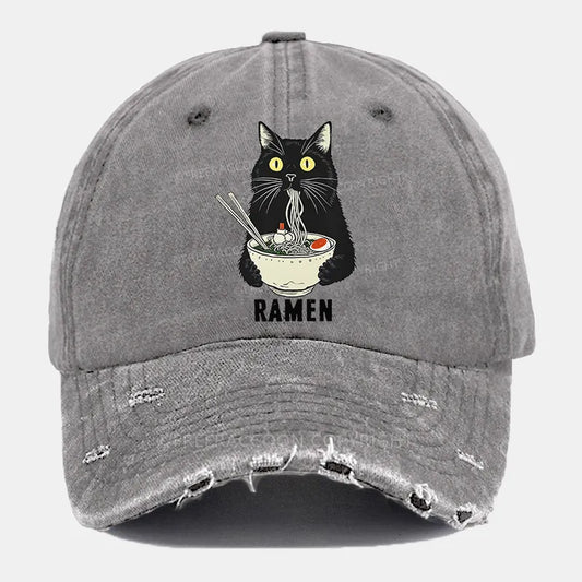 Vintage Ramen Cat'S Delicious Moment Ripped Washed Cap