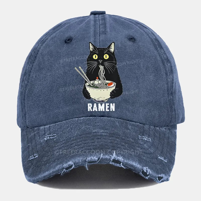 Vintage Ramen Cat'S Delicious Moment Ripped Washed Cap